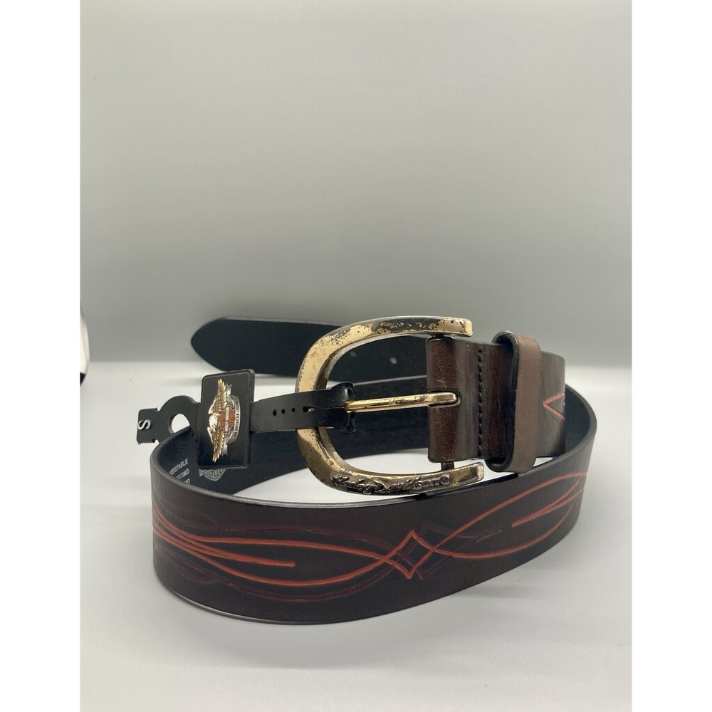 Vintage Harley Davidson Leather Belt S black Flame Pinstripe Y2K buckle